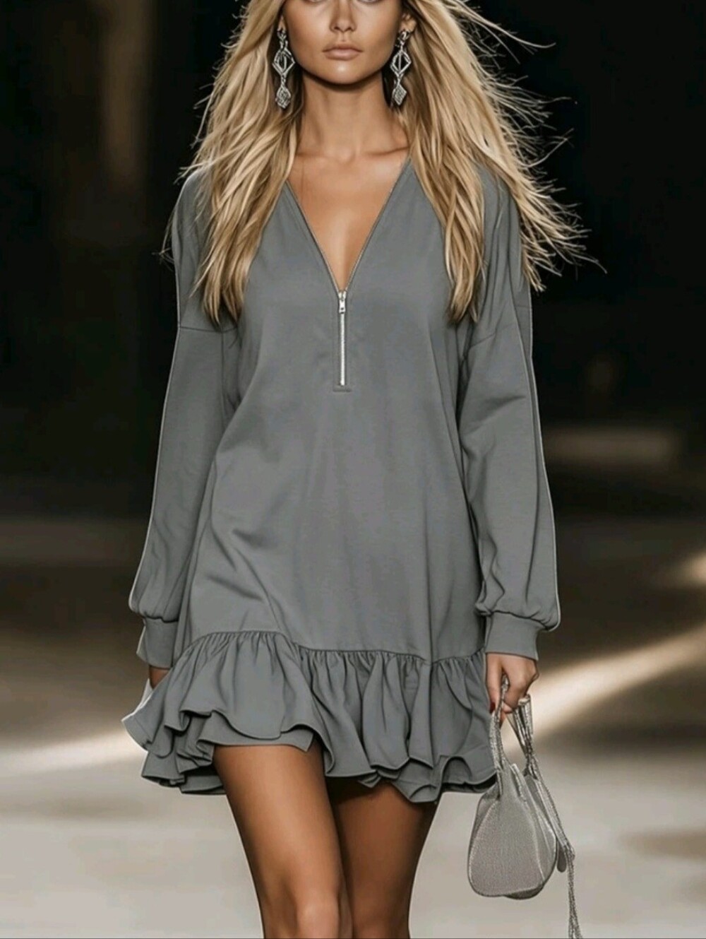 Women's Long Sleeve Zip-Up Deep V-Neck Sweatshirt, Loose Casual With Ruffle Hem
